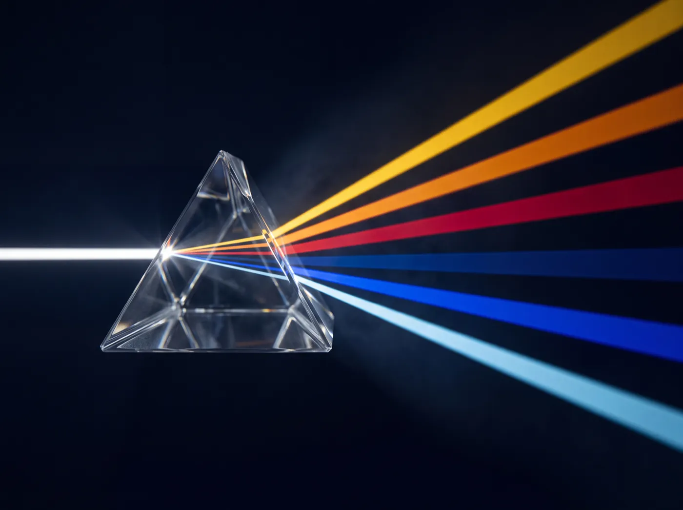 A beam striking a prism and separating into six distinct coloured rays